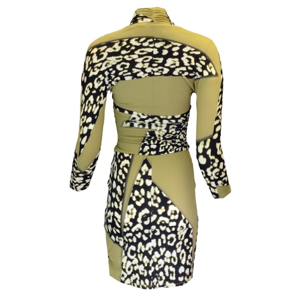 ROBERTO CAVALLI OLIVE GREEN / BLACK MULTI ANIMAL PRINT NYLON DRESS - Picture 3 of 5